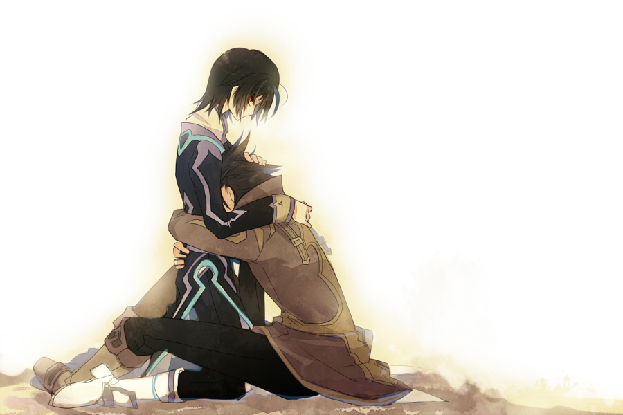 alvin_(tales_of_xillia), black_hair, boots, brown_eyes, brown_hair, coat, comforting, hug