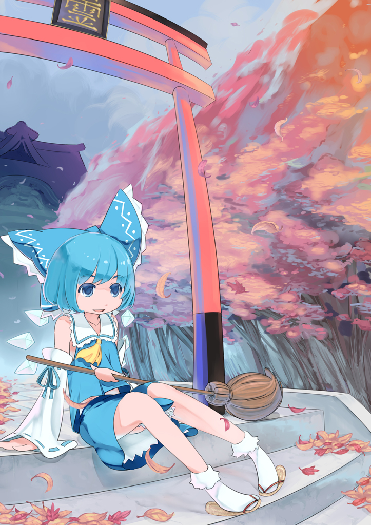 autumn, bad_id, broom, cirno, cosplay, detached_sleeves, hakurei_reimu, hakurei_reimu_(cosplay)