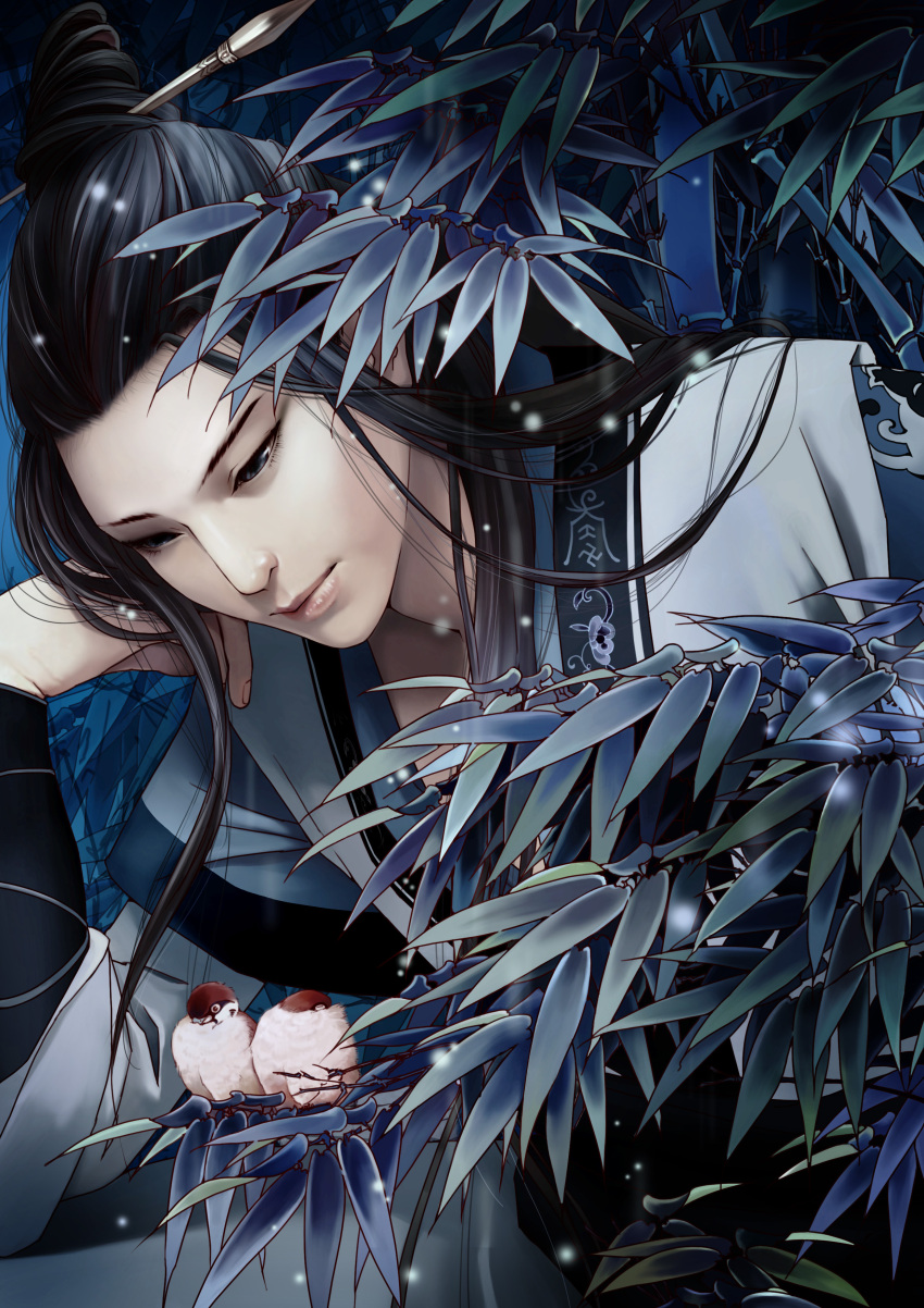 absurdres, bamboo, bird, black_hair, blue_eyes, chinese_clothes, hair_ornament, hanfu