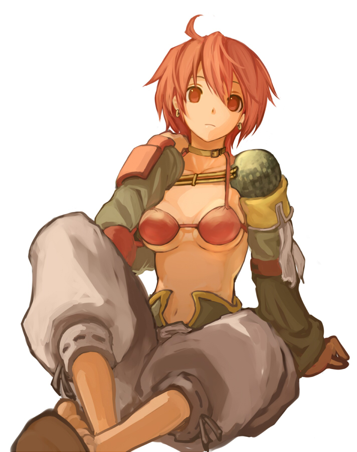 ahoge, antenna_hair, arm_support, bikini_top, breasts, cleavage, collar, crossed_ankles