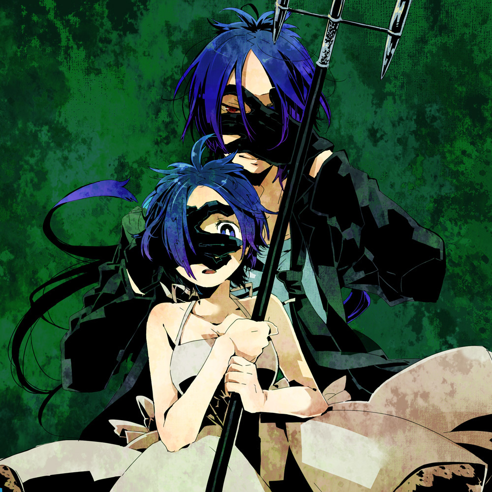 1girl, bare_shoulders, black_gloves, blue_hair, chrome_dokuro, dress, gloves, hand_over_eye