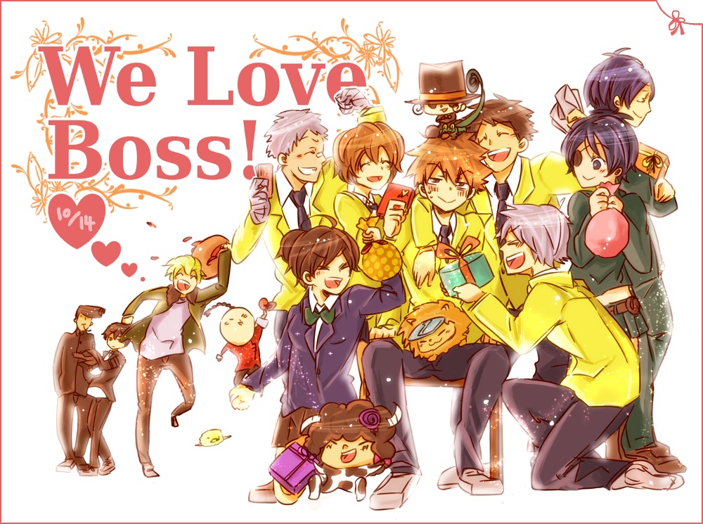 11boys, 6+boys, animal, bandage, black_hair, blonde_hair, boy_cow, brown_hair, chrome_dokuro, closed_eyes, cow_print, dino, dino_cavallone, everyone, eyepatch, eyes_closed, gift, gokudera_hayato, heart, hibari_kyouya, hibird, horns, i-pin, katekyo_hitman_reborn, katekyo_hitman_reborn!, lambo, miura_haru, mokkorinko, multiple_boys, multiple_girls, purple_hair, reborn, rokudou_mukuro, sasagawa_kyoko, sasagawa_kyouko, sasagawa_ryohei, sawada_tsunayoshi, silver_hair, tetsuya_kusakabe, yamamoto_takeshi