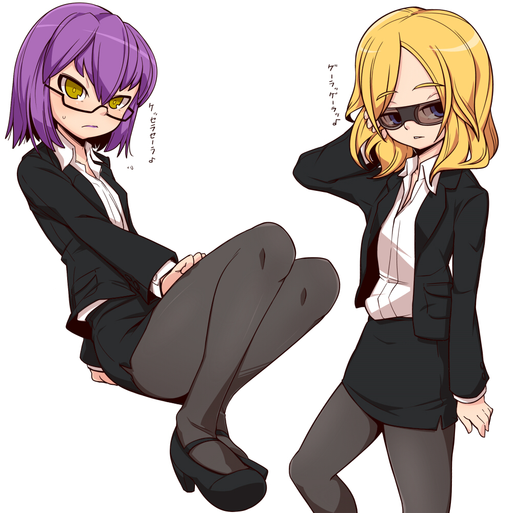 blonde_hair, blue_eyes, business_suit, crossdressinging, formal, glasses, hayabusa_hideki, inazuma_eleven, inazuma_eleven_(series), inazuma_eleven_go, louise-louis-lucille, multiple_boys, nishinosora_yoichi, pantyhose, purple_hair, short_hair, skirt, sunglasses, translated, trap