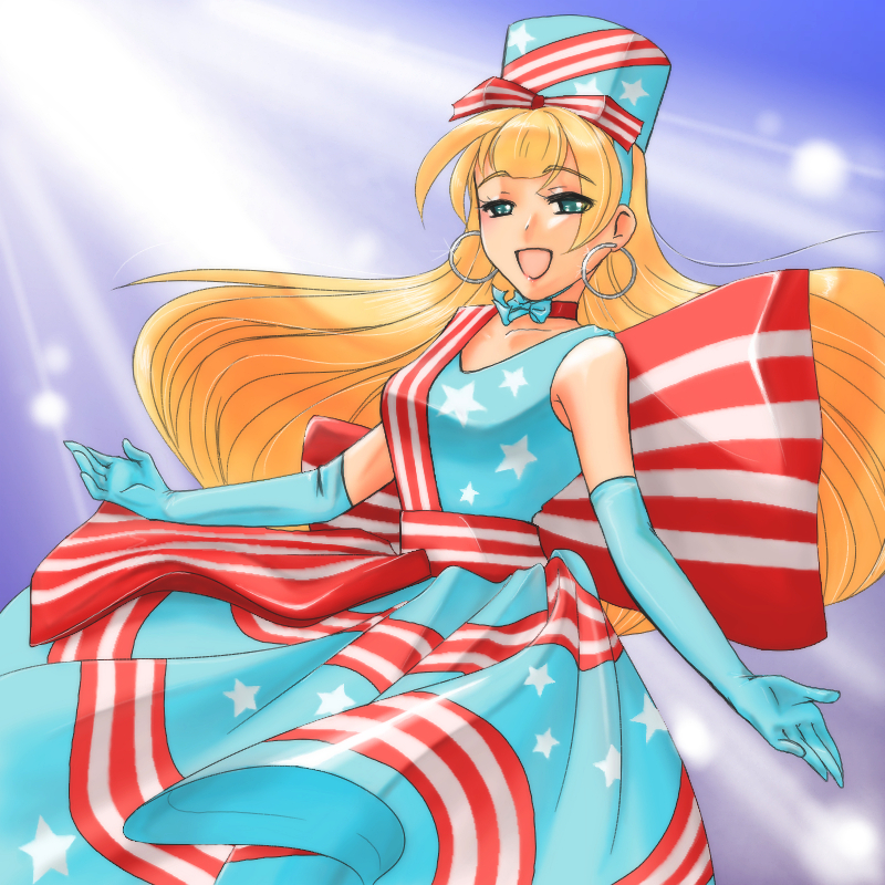 blonde_hair, blue_eyes, bow, chawankusa, choker, dress, earrings, elbow_gloves