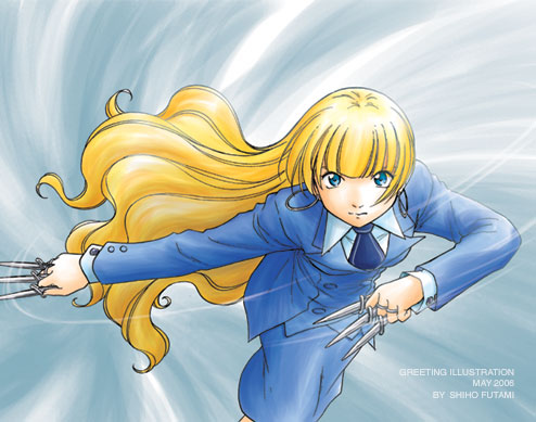 blue_eyes, earrings, formal, jewelry, knife, long_hair, lowres, ratchet_altair