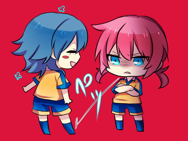 angry, blue_eyes, chibi, closed_eyes, crossed_arms, eyes_closed, inazuma_eleven, inazuma_eleven_(series), inazuma_eleven_go, kariya_masaki, kirino_ranmaru, multiple_boys, pink_hair, smile, soccer_uniform, wanekomimo