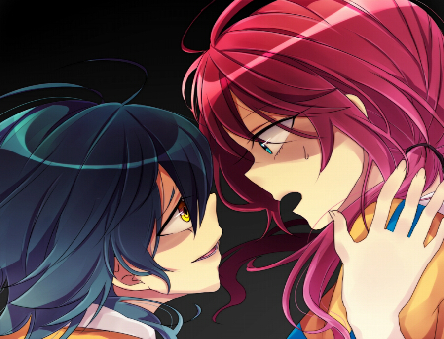 green_eyes, green_hair, inazuma_eleven, inazuma_eleven_(series), inazuma_eleven_go, kariya_masaki, kirino_ranmaru, long_hair, multiple_boys, open_mouth, pink_hair, sneer, wanekomimo, yellow_eyes