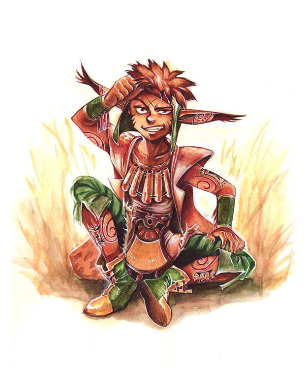 grandia, grandia_i, grin, male, pointy_ears, rapp, sitting, smile