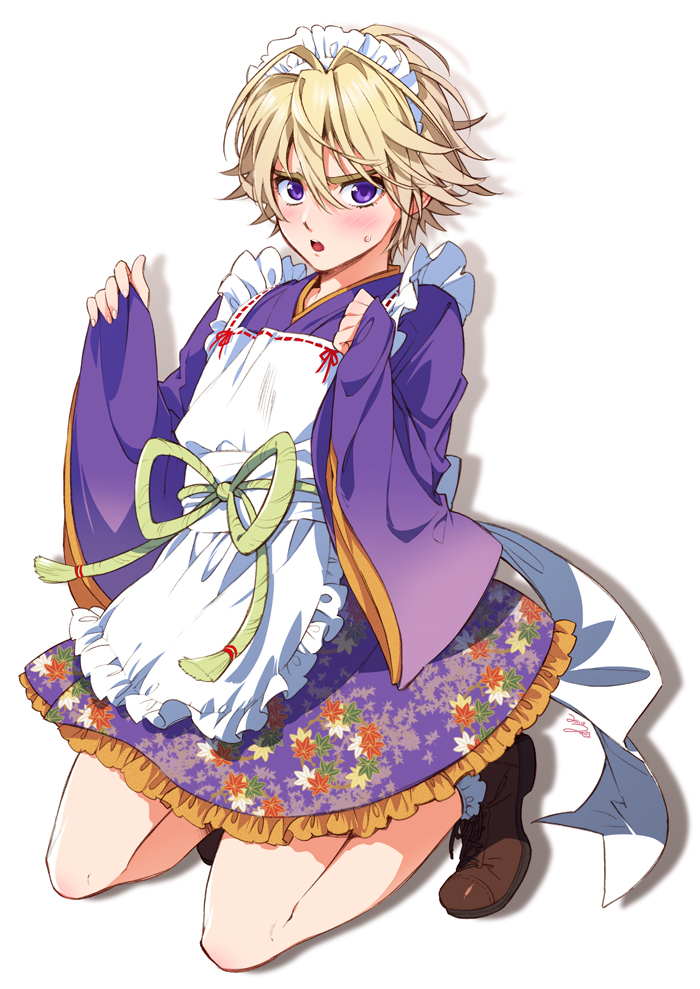 apron, blonde_hair, blush, crossdressinging, dress, floral_print, ivan_karelin, japanese_clothes