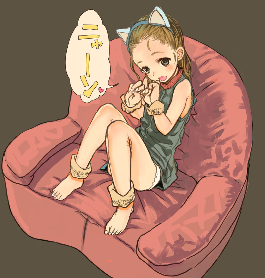 animal_ears, ankle_cuffs, bad_id, bare_shoulders, barefoot, blonde_hair, blue_eyes, blush, cat_ears, cat_tail, child, collar, couch, dress, dwayne_(wadk), fang, feet, flat_chest, from_above, grey_eyes, highres, legs, long_hair, looking_at_viewer, looking_up, open_mouth, original, paw_pose, sitting, sketch, smile, solo, tail, translated, translation_request, wrist_cuffs, young