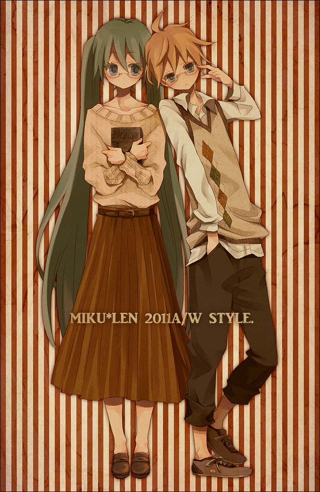 ahoge, belt, bespectacled, blonde_hair, book, glasses, green_eyes, hand_in_pocket, hatsune_miku, kagamine_len, long_hair, skirt, striped, striped_background, sweater_vest, twintails, very_long_hair, vocaloid, yocchichichi