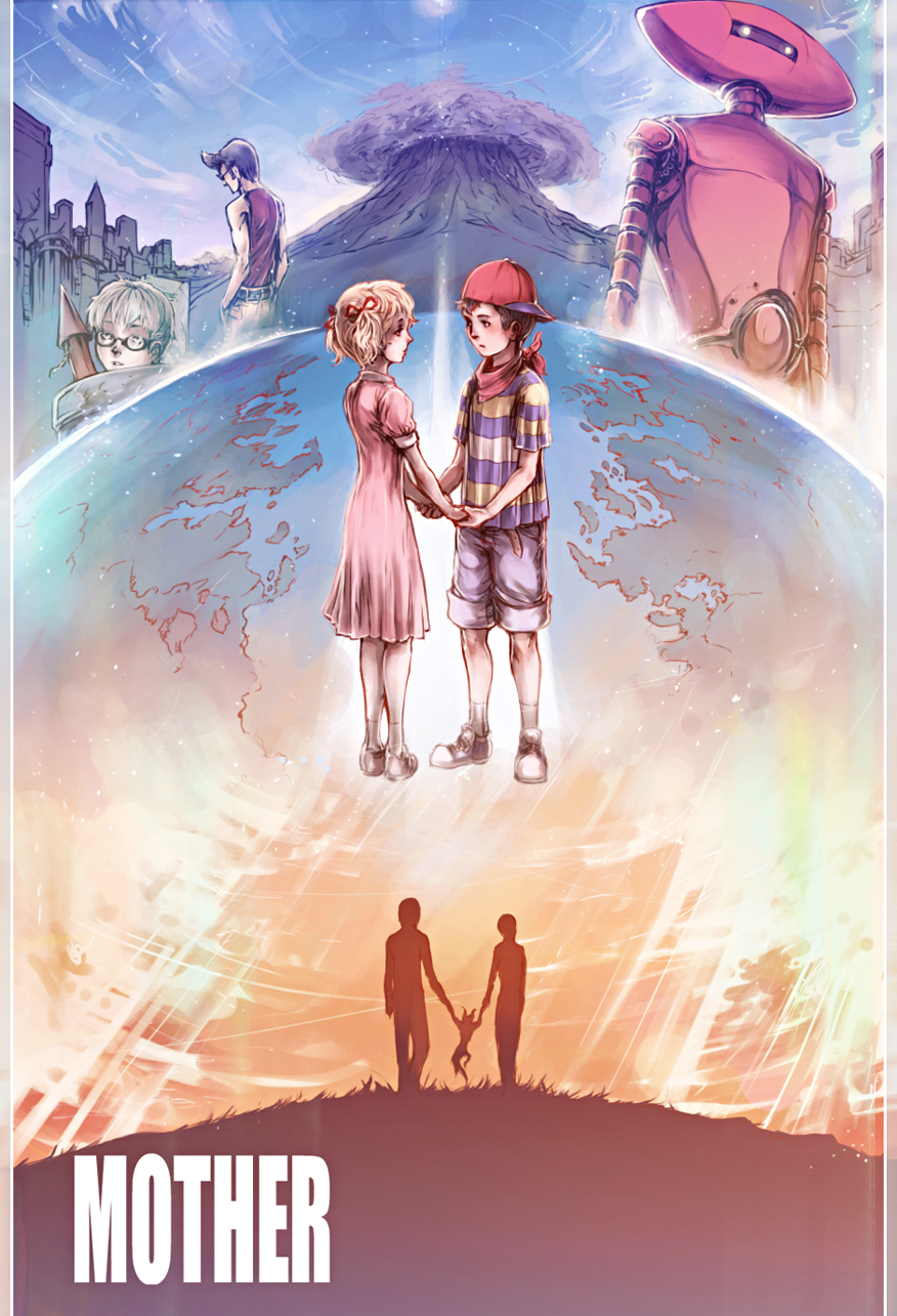 blonde_hair, brown_hair, character_request, dress, e.v.e., earth, from_behind, giegue, giygas, glasses, hand_holding, hat, highres, holding_hands, kurkoboltsi, loid, mother_(game), mother_1, ninten, robot, rocket, sky, star_(sky), teddy_(mother), twintails