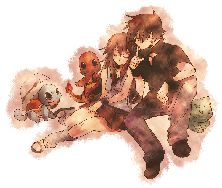 1boy, 1girl, blue_(pokemon)_(cosplay), brown_hair, bulbasaur, charmander, cosplay, hat, hat_removed, headwear_removed, hizuki_(hidu_aki), leaf_(pokemon), ookido_green, ookido_green_(frlg), pokemon, pokemon_(creature), pokemon_(game), pokemon_firered_and_leafgreen, pokemon_frlg, pokemon_rgby, skirt, sleeping, squirtle