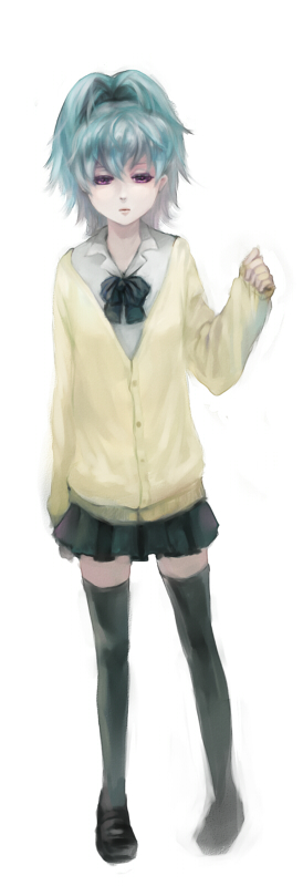 black_legwear, darker_than_black, miau, pleated_skirt, ponytail, purple_eyes, school_uniform, silver_hair