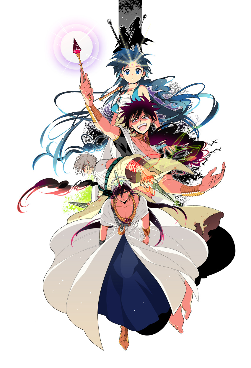 black_hair, blue_eyes, blue_hair, braid, dalc_rose, earrings, flute, highres