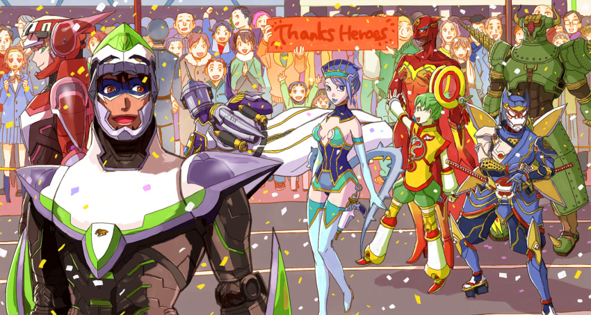 bare_shoulders, barnaby_brooks_jr, blue_eyes, blue_hair, blue_rose_(tiger_&amp;_bunny), boots, breasts, brown_hair, cape, chinese_clothes, detached_sleeves, dragon_kid, drill, earrings, elbow_gloves, everyone, fire_emblem_(tiger_&amp;_bunny), geta, gloves, green_eyes, green_hair, hat, helmet, horns, huang_baoling, ivan_karelin, jetpack, jewelry, kaburagi_t_kotetsu, karina_lyle, keith_goodman, lipstick, makeup, male, mask, nathan_seymour, nazu0925, origami_cyclone, parade, power_armor, rock_bison, scarf_girl_(tiger_&amp;_bunny), shoes, short_hair, shuriken, sky_high, spandex, superhero, thigh-highs, thigh_boots, thighhighs, tiger_&amp;_bunny, weapon, wild_tiger