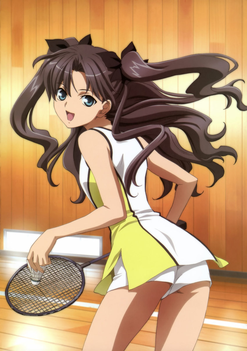 1girl, :d, absurdres, ass, badminton, badminton_racket, black_hair, bow