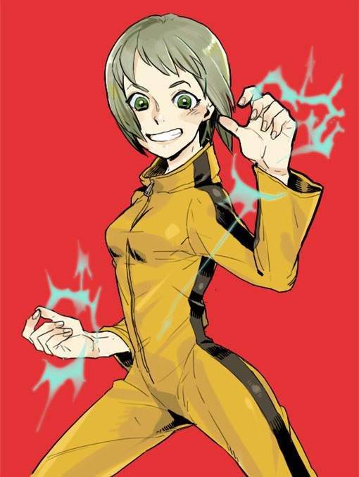 bruce_lee's_jumpsuit, bruce_lee's_jumpsuit, electricity, green_eyes, huang_baoling, picoheads, short_hair, simple_background