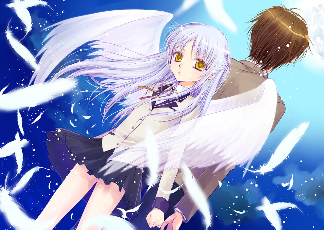 asano_(asano_peachpink), asano_akira, back-to-back, brown_hair, feathers, long_hair, otonashi_(angel_beats!), pleated_skirt