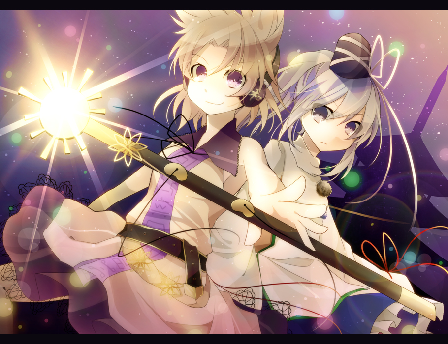 2girls, belt, brown_hair, dress, grey_eyes, hat, headphones, japanese_clothes