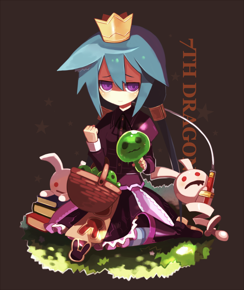 7th_dragon, basket, blue_hair, book, bunny, doll, flat_eyes, flat_gaze