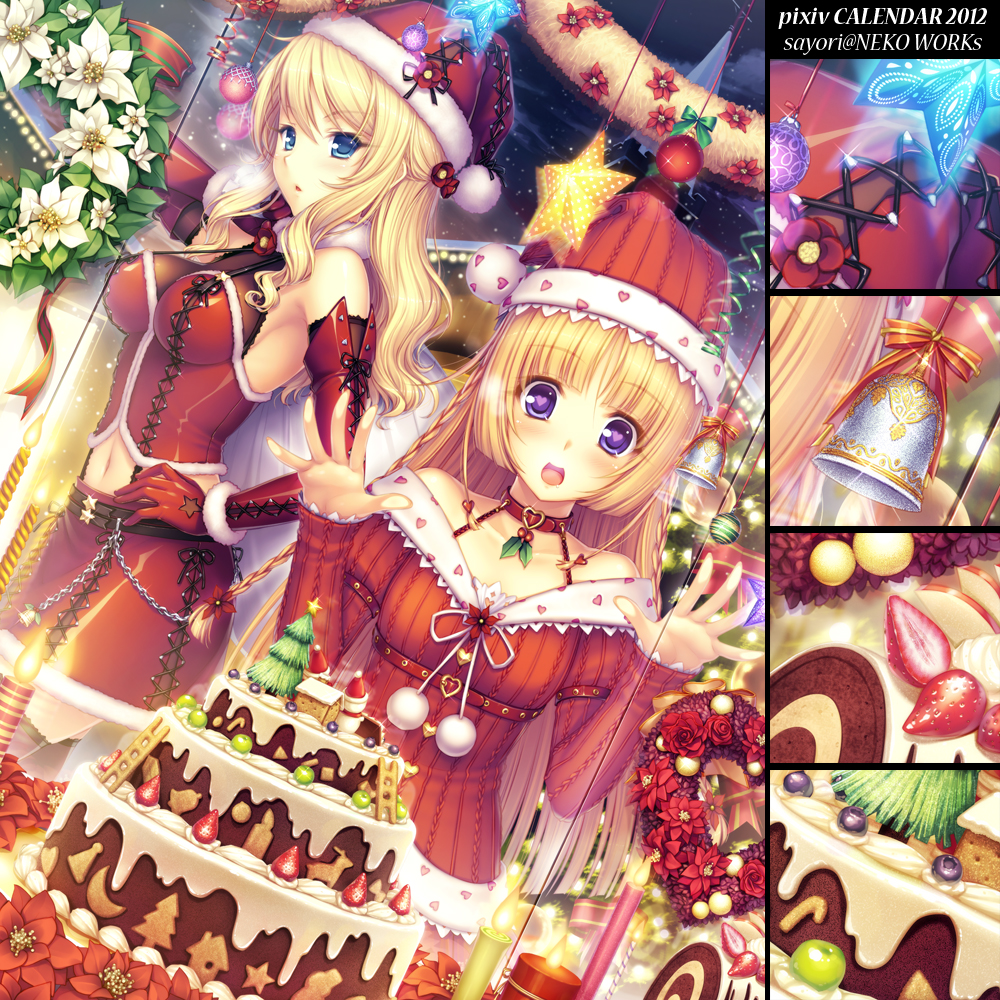 apple, bad_id, bell, belt, blonde_hair, blue_eyes, blueberry, blush, breasts, cake, candle, choker, christmas, christmas_ornaments, christmas_tree, flower, food, fruit, hair_flower, hair_ornament, hat, heart, heart-shaped_pupils, long_hair, mistletoe, multiple_girls, navel, open_mouth, original, purple_eyes, ribbon, rose, santa_hat, sayori, smile, snowman, star, strawberry, symbol-shaped_pupils, violet_eyes