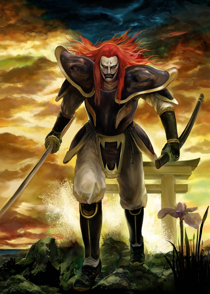 cloud, dark_clouds, flower, genpei_touma_den, kanji, red_hair, redhead, rock