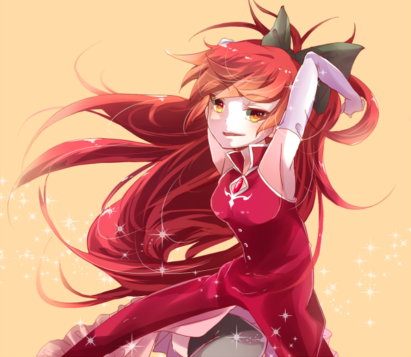 armpits, arms_behind_head, bare_shoulders, black_legwear, bow, breasts, dress, elbow_gloves