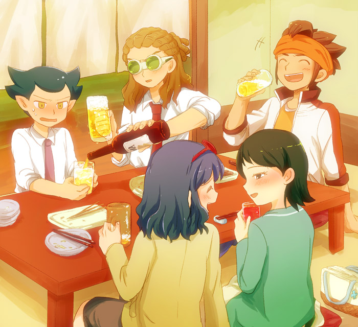 3boys, adult, bad_id, blue_hair, blush, brown_hair, chopsticks, closed_eyes