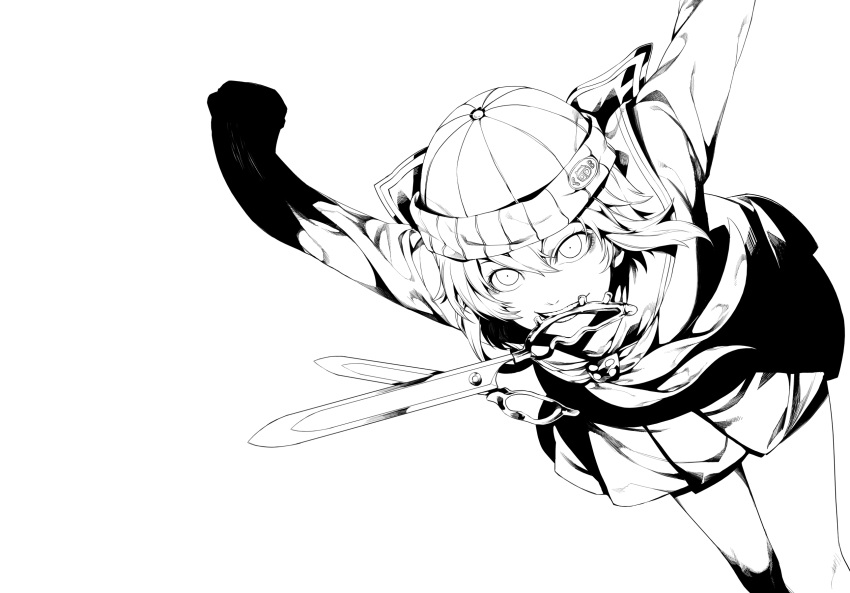 absurdres, brown_hair, hat, highres, lineart, long_sleeves, monochrome, mouth_hold