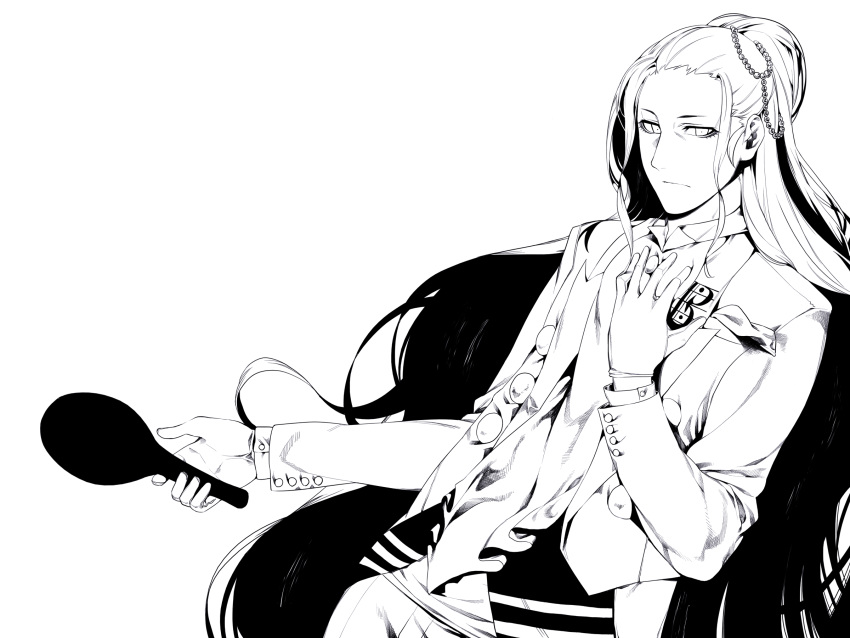 absurdres, formal, gloves, hair_ornament, highres, lineart, long_hair, monochrome