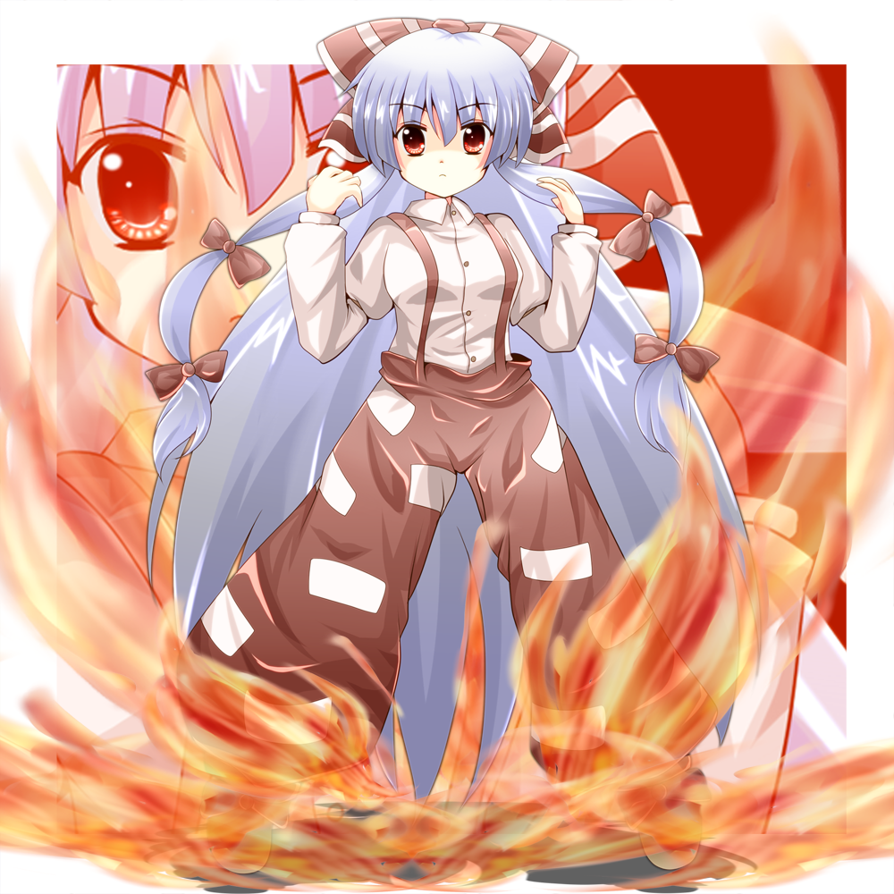 bad_id, bow, fire, fujiwara_no_mokou, hair_bow, hori_daikon, long_hair, long_sleeves, pants, red_eyes, solo, standing, suspenders, touhou, very_long_hair, zoom_layer
