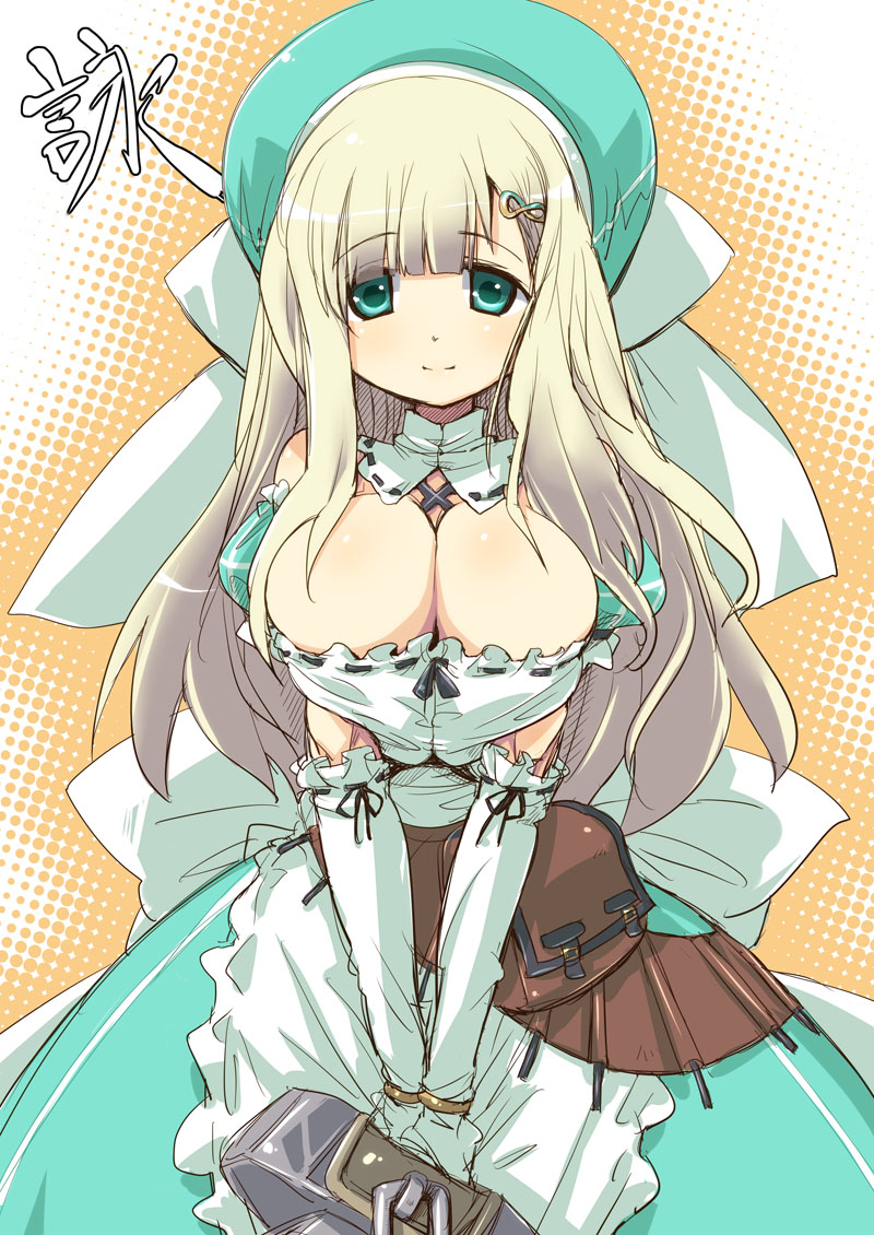 breasts, cleavage, dress, gloves, green_eyes, hirowa_nagi, large_breasts, light_smile, long_hair, senran_kagura, solo, yomi_(senran_kagura)