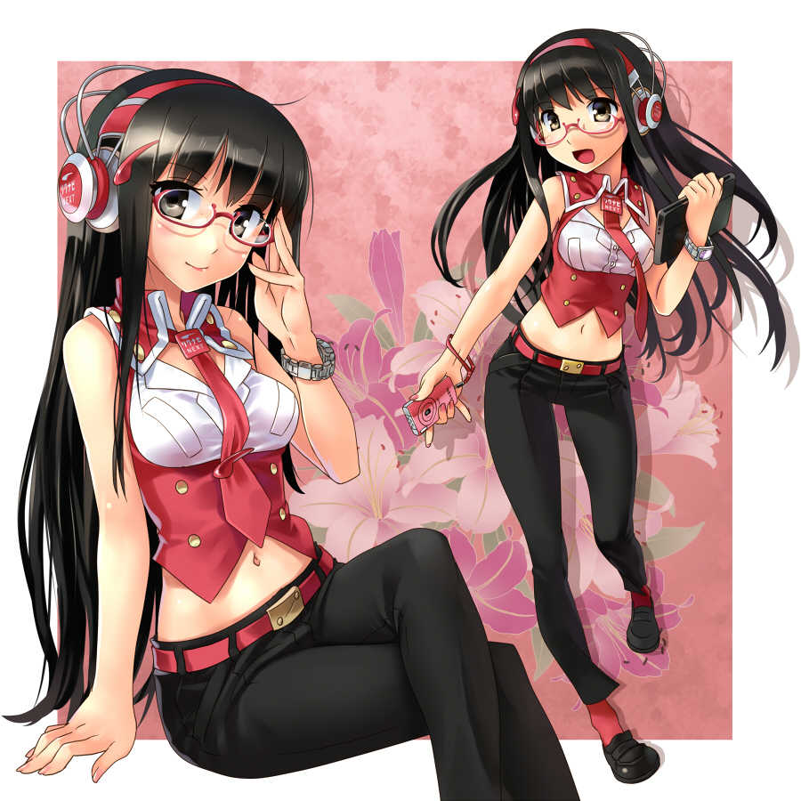belt, black_hair, bracelet, brown_eyes, crossed_legs, digital_media_player, floral_background, flower, glasses, headphones, jewelry, katahira_masashi, legs_crossed, long_hair, midriff, navel, necktie, open_mouth, red-framed_glasses, rikunabi_next, rikunabi_next_miho-san, sitting, smile, solo, watch, wristwatch