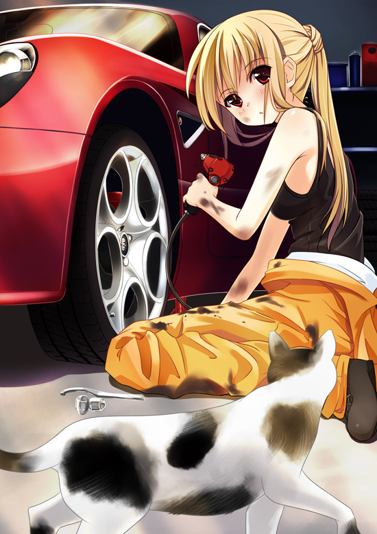 asakura_ryou_(artist), blonde_hair, car, cat, dirty, long_hair, looking_at_viewer, mechanic, motor_vehicle, original, red_eyes, sitting, solo, tank_top, vehicle, wariza