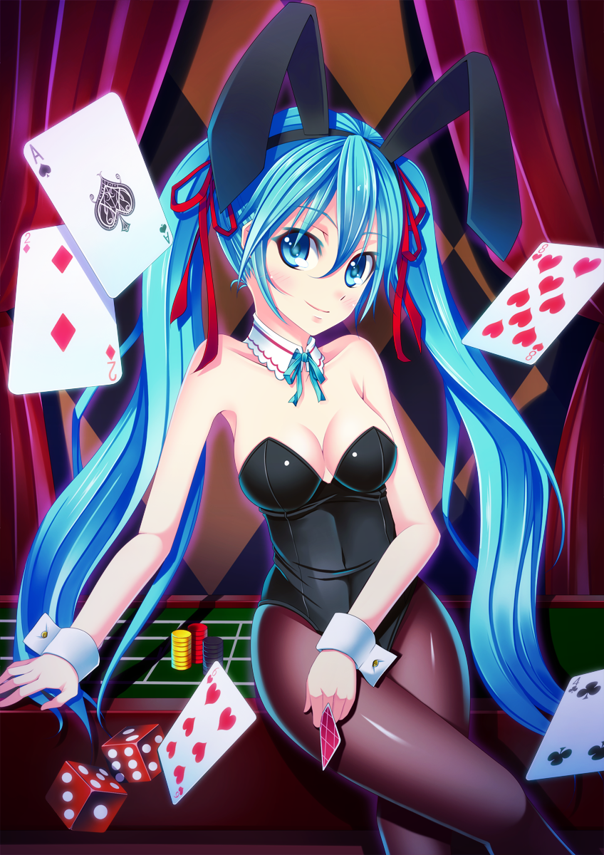 aqua_eyes, aqua_hair, bare_shoulders, bunnysuit, card, cards, casino, collar