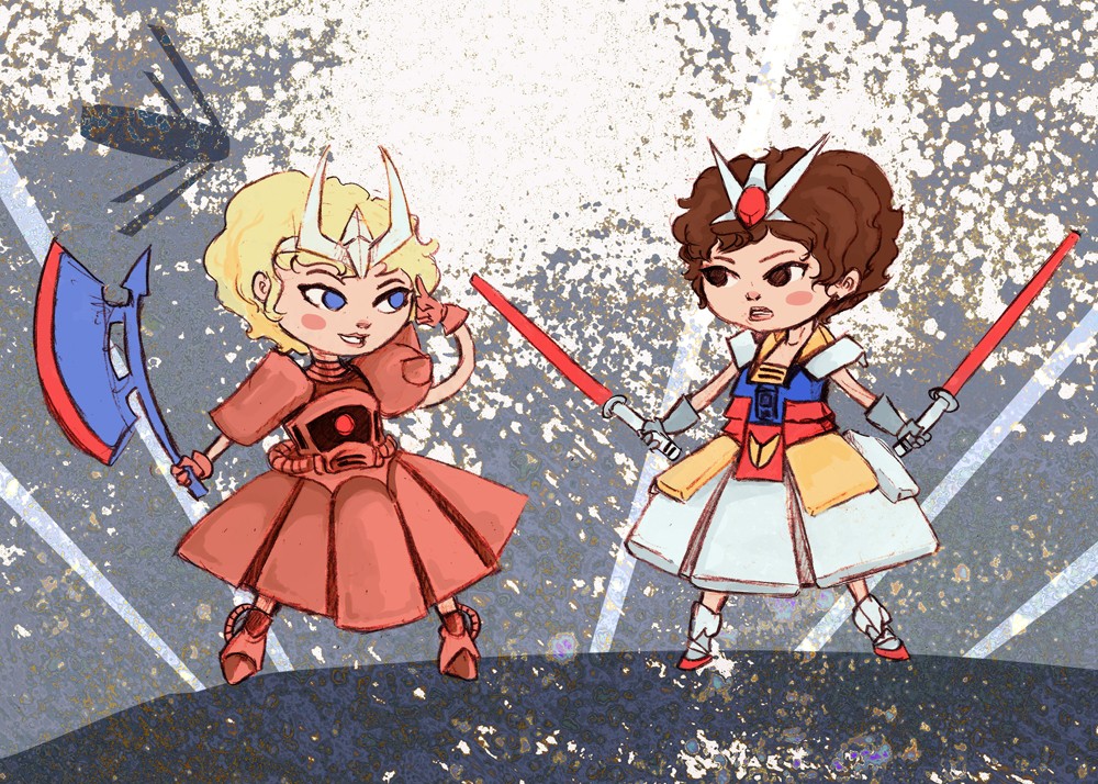 axe, beam_saber, blonde_hair, blue_eyes, blush_stickers, brown_eyes, brown_hair, char_aznable, dress, dual_wielding, energy_sword, genderswap, gundam, mecha, mecha_musume, mobile_suit_gundam, o'neill_cylinder, o'neill_cylinder, robin_e_kaplan, rx-78-2, skirt, space_colony, spikes, sword, tiara, weapon, zaku_ii_s_char_custom