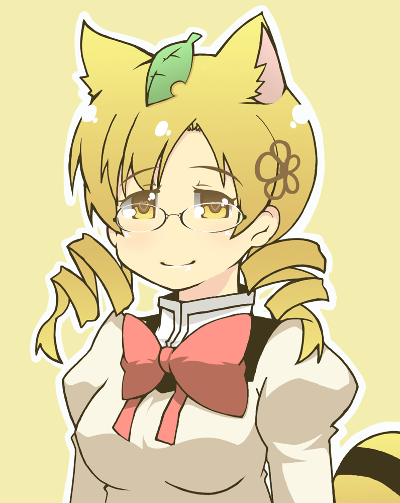 animal_ears, blonde_hair, breasts, drill_hair, eichikei, fusion, futatsuiwa_mamizou, glasses, hair_ornament, heart, heart-shaped_pupils, kemonomimi_mode, leaf, leaf_of_head, leaf_on_head, mahou_shoujo_madoka_magica, namesake, no_nose, parody, pun, raccoon_ears, raccoon_tail, school_uniform, simple_background, smile, solo, symbol-shaped_pupils, tail, tomoe_mami, touhou, yellow_eyes
