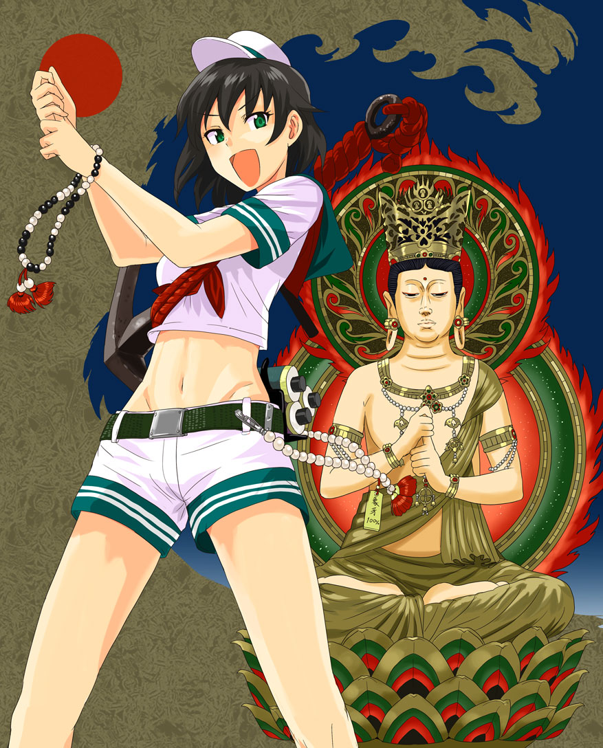 beads, belt, brown_hair, buddha, green_eyes, hat, midriff, mound_of_venus