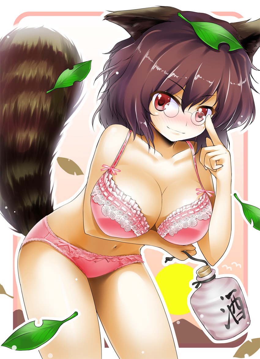 adjusting_glasses, animal_ears, blush, bottle, bra, breasts, cleavage, futatsuiwa_mamizou