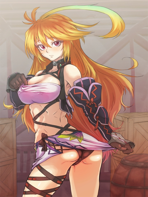 ass, blonde_hair, choker, gauntlets, gloves, gradient_hair, green_hair, midriff