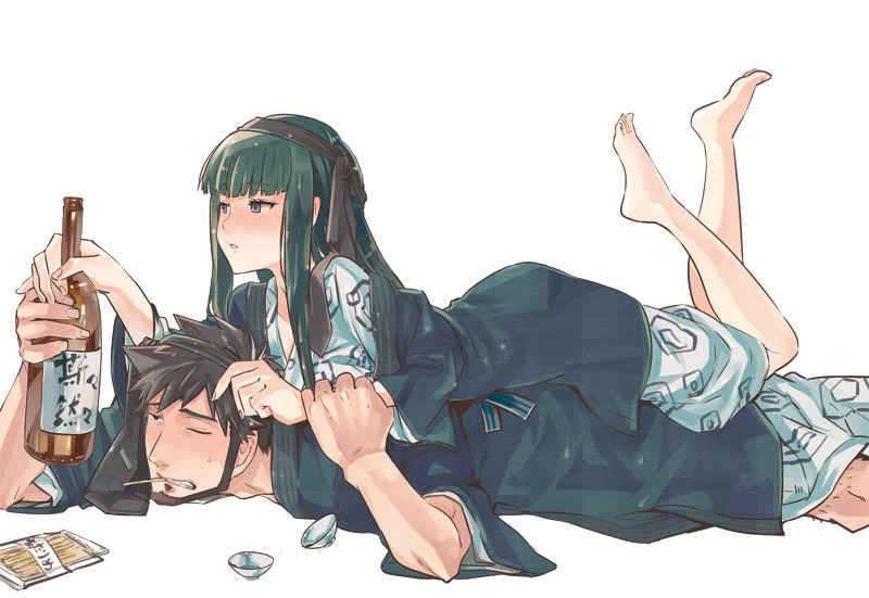 black_hair, brown_hair, darker_than_black, drunk, facial_hair, feet, goatee, green_hair