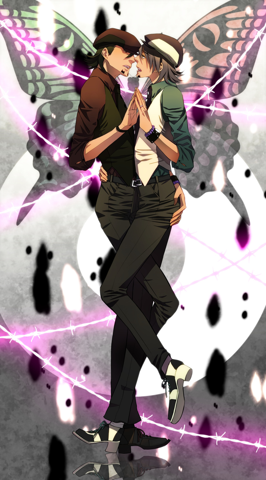 absurdres, bracelet, brown_eyes, brown_hair, butterfly, cabbie_hat, dancing, dark_persona, dual_persona, ebitetsu, facial_hair, fangs, hat, highres, jewelry, kaburagi_t_kotetsu, magnet_(vocaloid), male, multiple_boys, necktie, red_eyes, ring, shijuu_hachi, short_hair, stubble, tiger_&amp;_bunny, vest, vocaloid, waistcoat, watch, wedding_band, wristwatch, yaoi