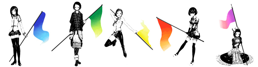 bob_cut, colorful, female, flag, high_heels, highres, jumping, long_hair