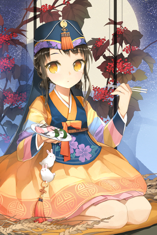 1girl, child, dress, flat_chest, food, gold_eyes, hanbok, korean_clothes, korean_dress, looking_at_the_viewer, looking_at_viewer, lowres, mole, sita, sita_vilosa, sitting, solo, sword_girls, yellow_eyes