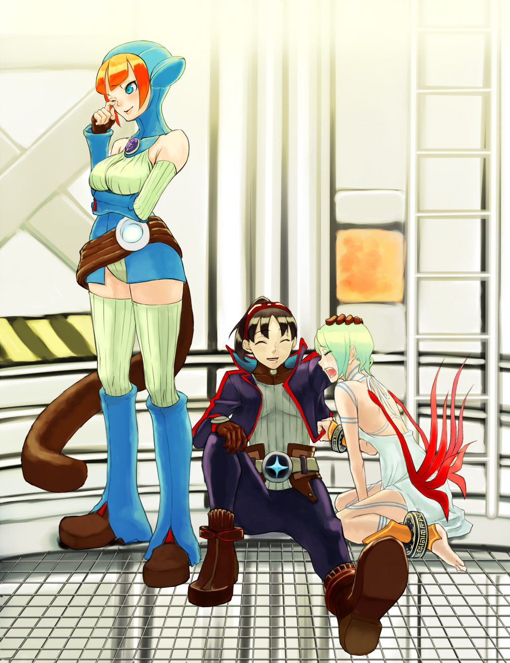 belt, breath_of_fire, breath_of_fire_v, cat_hood, dress, elbow_gloves, gloves, green_hair