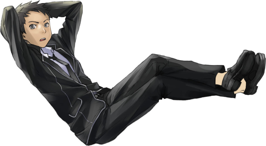 black_hair, grey_eyes, guilty_crown, hands, legs_up, long_sleeves, looking_at_viewer, male