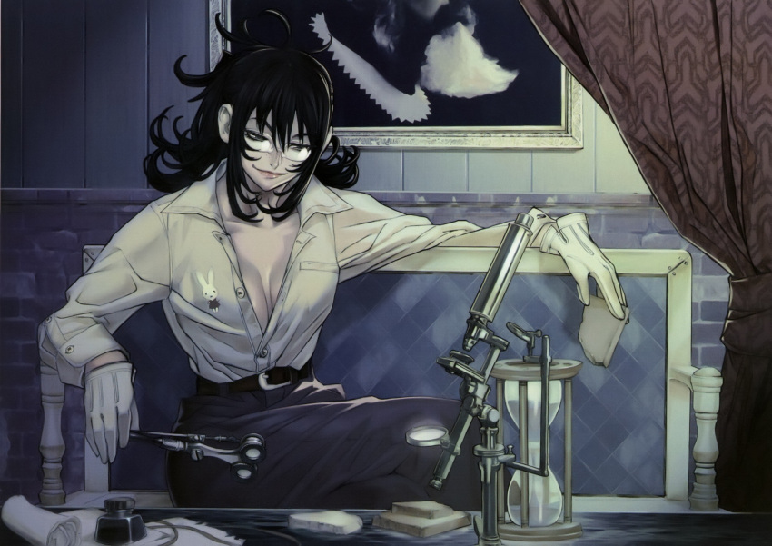 breasts, cleavage, couch, dress_shirt, freckles, glasses, gloves, hamutz_meseta, highres, large_breasts, long_hair, maeshima_shigeki, microscope, open_clothes, open_shirt, pants, shirt, solo, tatakau_shisho, unbuttoned