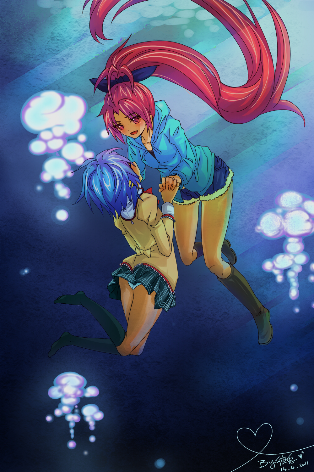 black_legwear, blue_hair, boots, bow, bunnyhana, closed_eyes, denim, denim_shorts