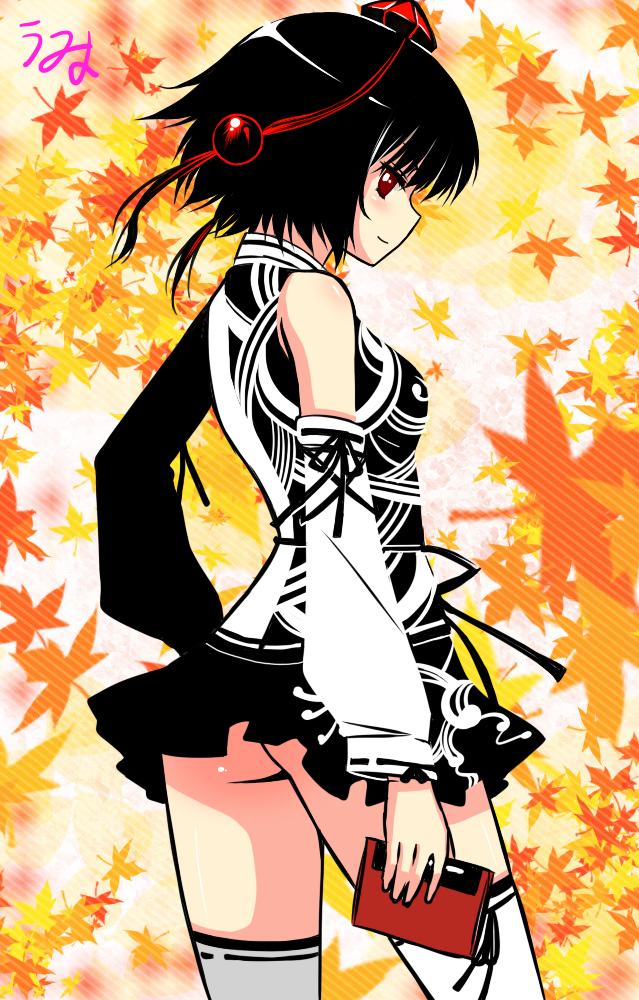 1girl, abstract, ass, bare_shoulders, black_hair, detached_sleeves, hat, leaves